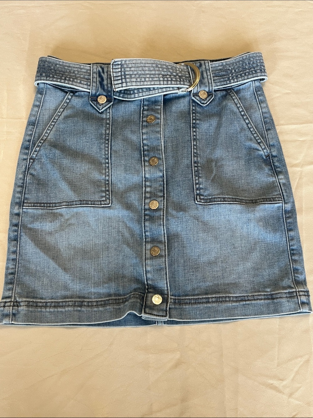 White House Black Market Light Blue Denim Button-Front Mini Skirt with Belt